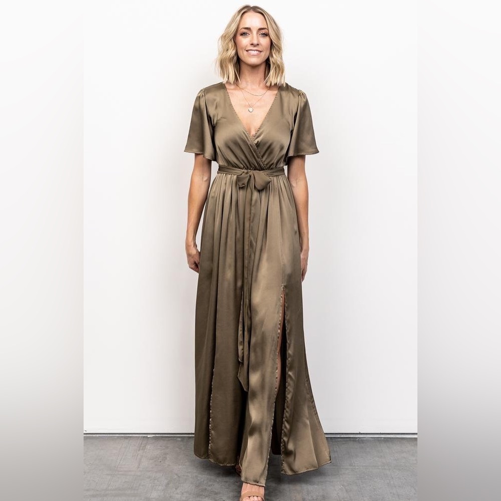 Baltic Born Olive Satin Maxi Wrap Dress